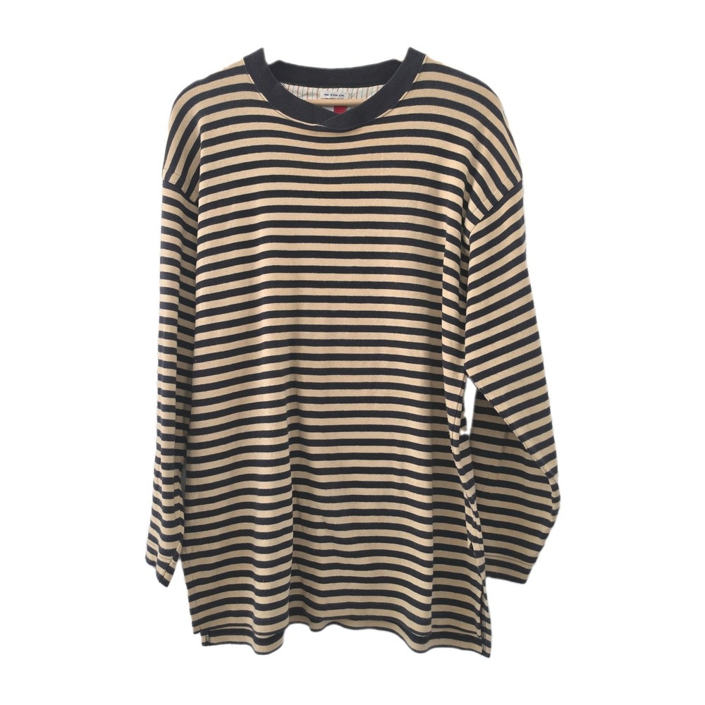 Tommy Hilfiger Vintage 90s Striped Long Sleeve Shirt Medium Navy Tan Split Hem